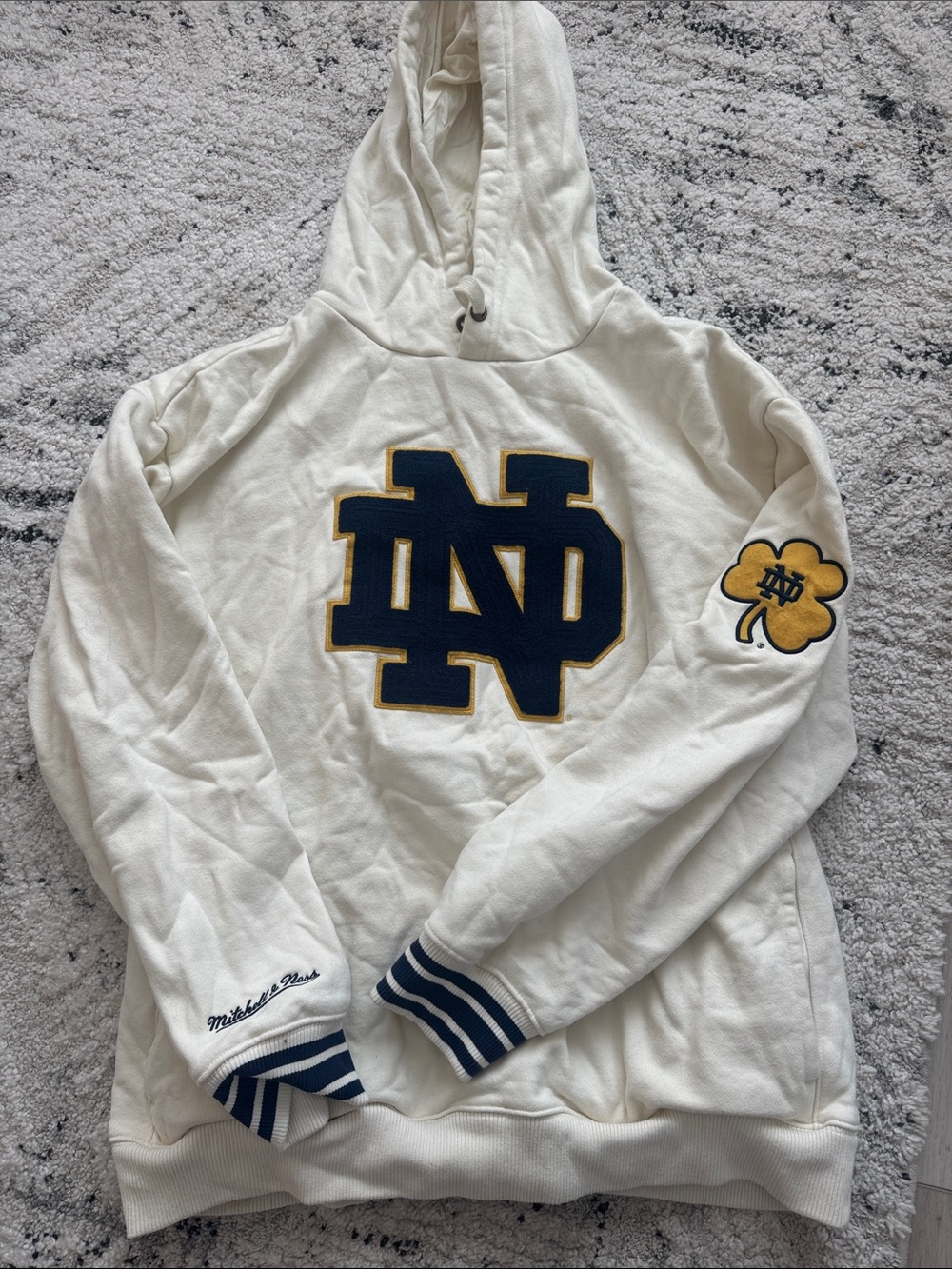 Mitchell & Ness Notre Dame White Hooded Pullover with Navy & Gold Logo